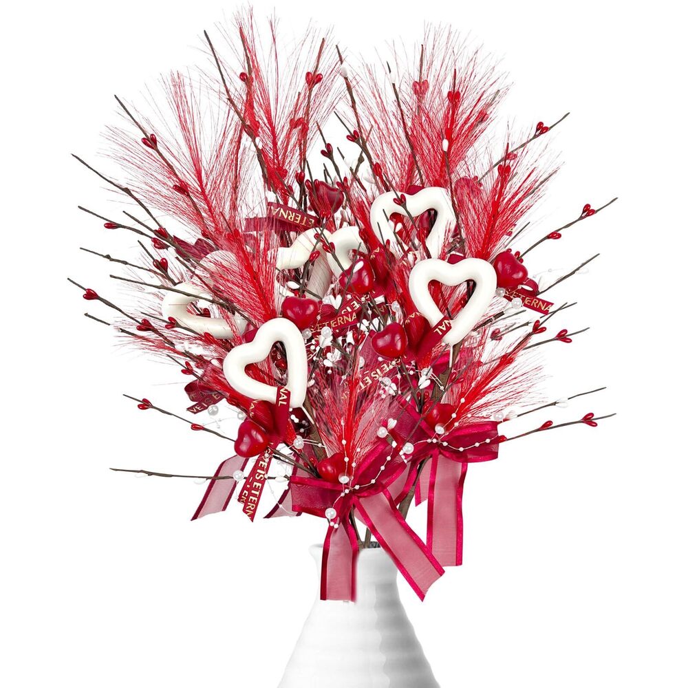 3843 6 Pcs Valentine's Day Heart Shaped Berry Feather Picks, 19.7 Inch